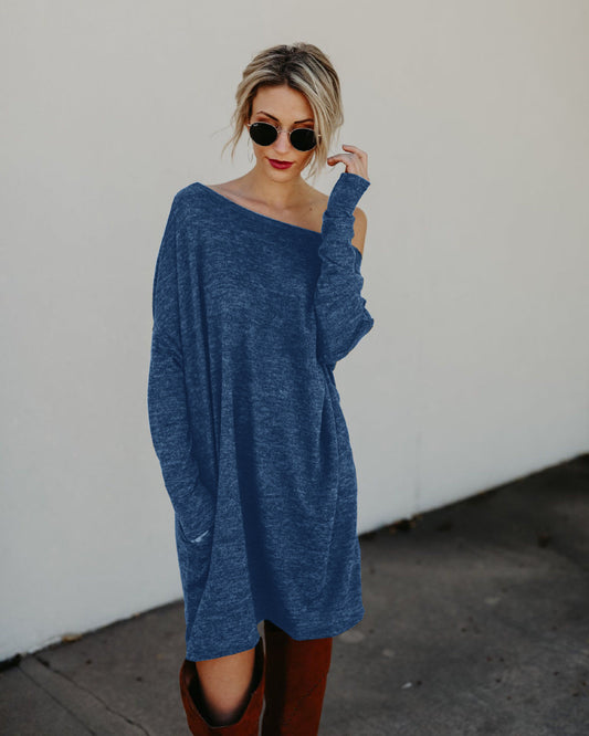 Ladies Simple Solid Color Sweater Loose Dress