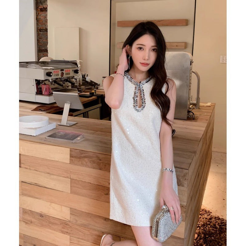 Spring New Women's Clothing Round Neck Sequins Sleeveless Dress