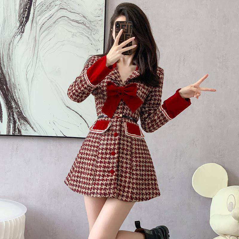 Red Dress Mid-length Women's Clothing Woolen Coat Dress