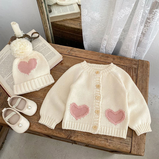 Fashionable Sweet Cardigan Hat Baby Love Kids' Sweater Wear