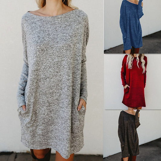 Ladies Simple Solid Color Sweater Loose Dress
