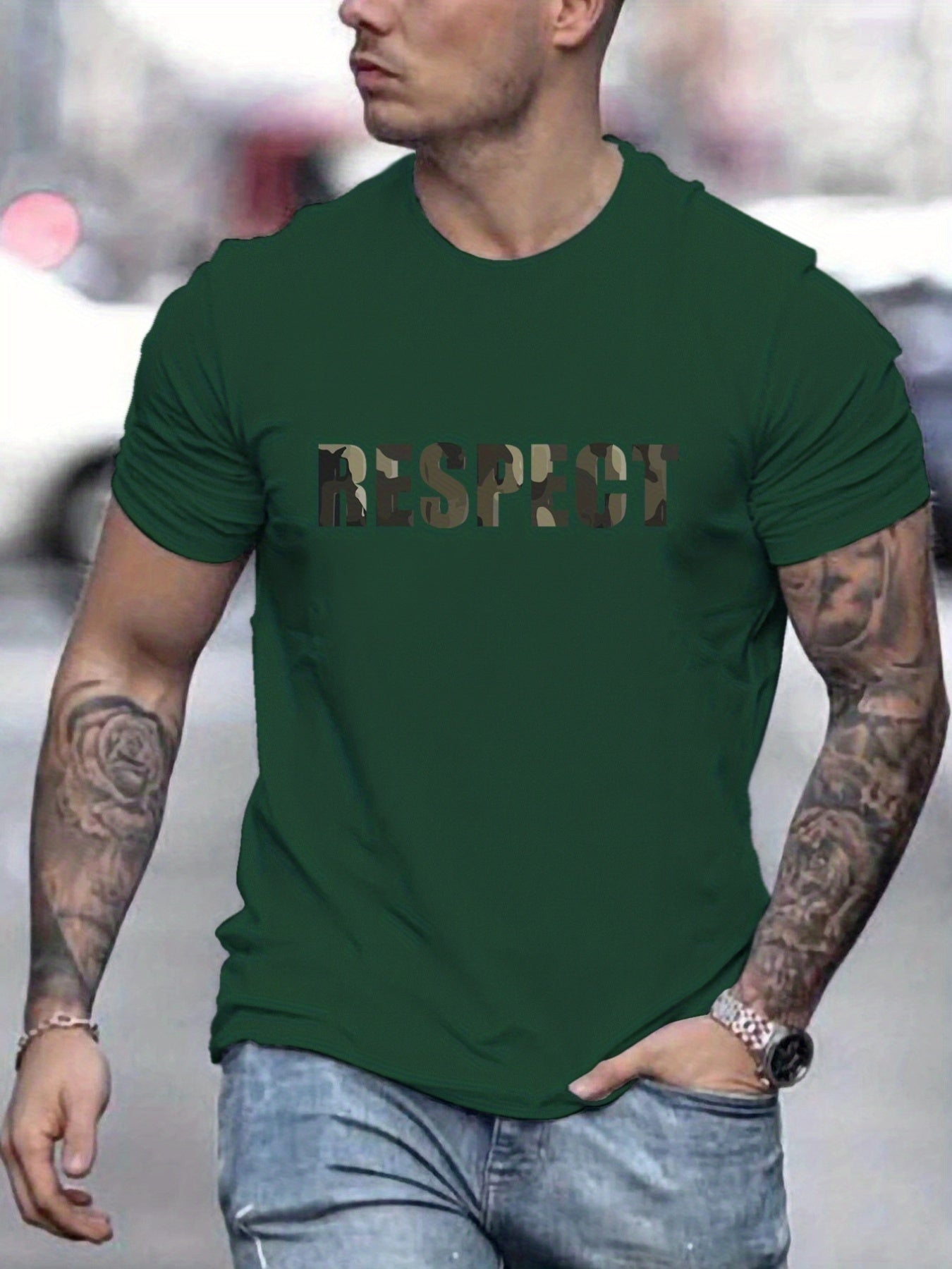 Letter RESPECT Pattern Printed Men's T-shirt, Patterned T-shirt Men's Summer Clothing, Men's Clothing