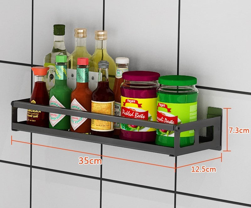 Wall-mounted non-perforated wall condiment storage shelf