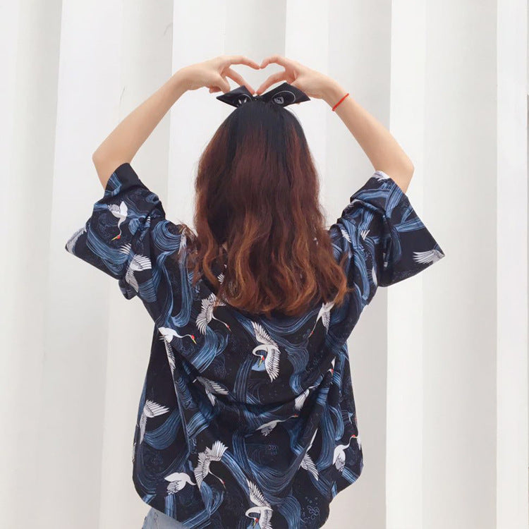 Loose Plus Size Travel Crane Print Sun Protection Clothing