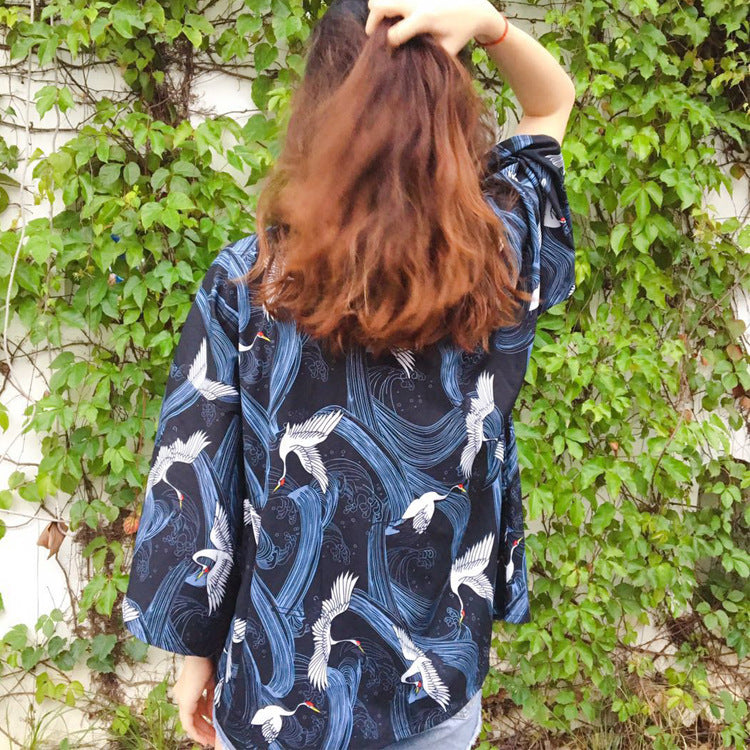 Loose Plus Size Travel Crane Print Sun Protection Clothing