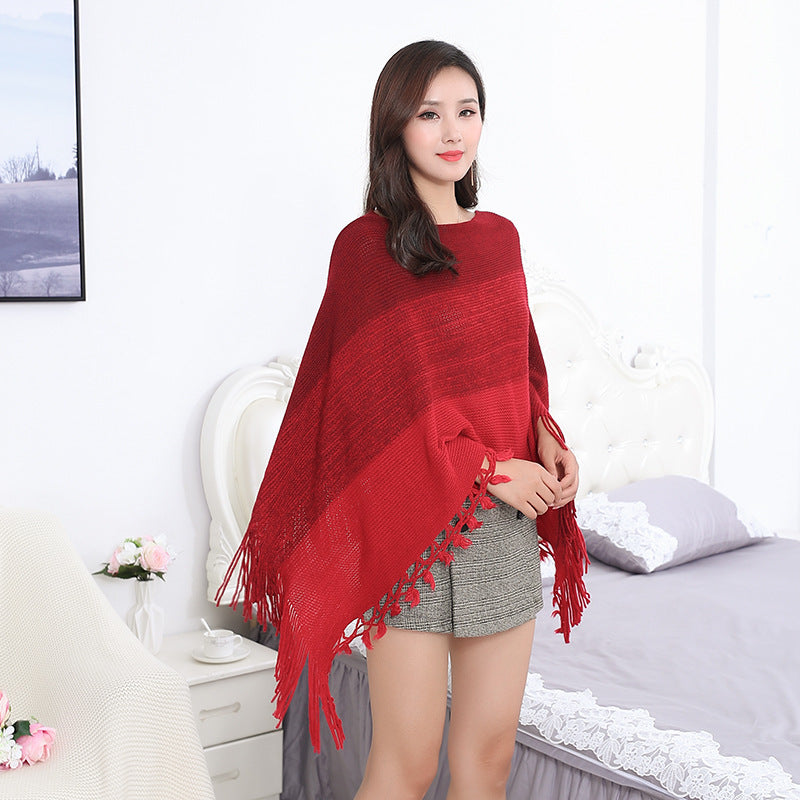 Sleeve Contrast Stitching Tassel Cape Plus Size Women's Clothing