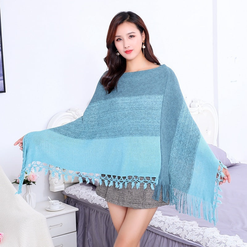 Sleeve Contrast Stitching Tassel Cape Plus Size Women's Clothing