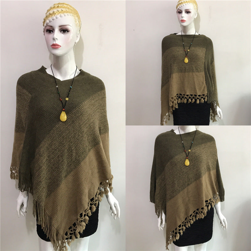 Sleeve Contrast Stitching Tassel Cape Plus Size Women's Clothing