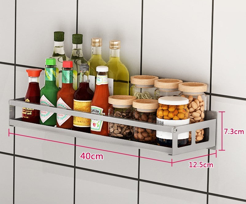 Wall-mounted non-perforated wall condiment storage shelf