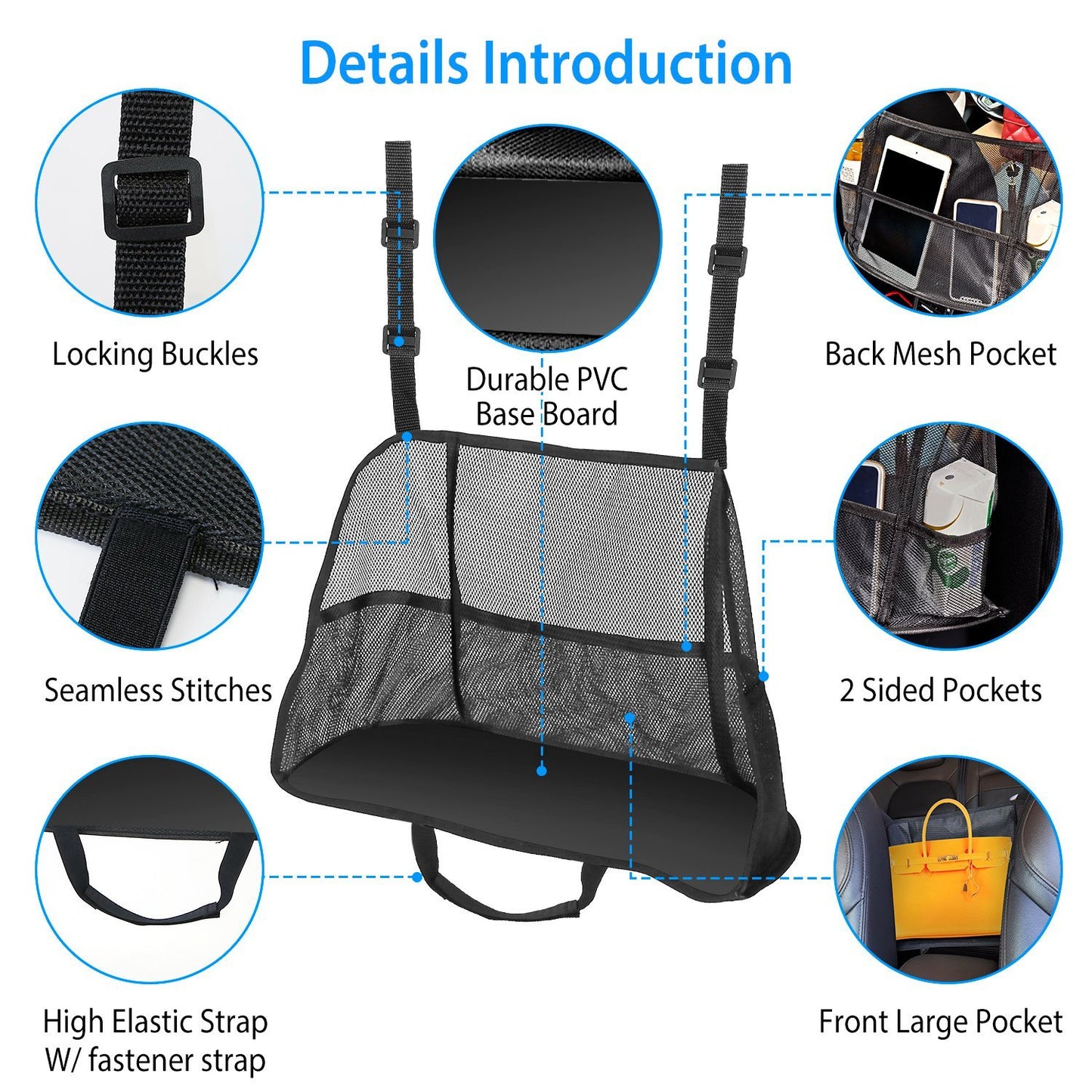 1Pc Car Net Pocket Handbag Holder Car Storage Netting Pouch Seat Side Storage Mesh Organizers Bag For Purse Phone Documents Barrier Pets Kids At Backseat