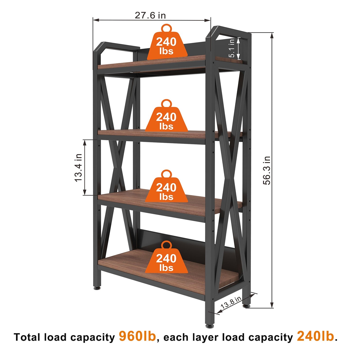 56.30'' Bakers Rack Storage Shelves 4-Level Metal And Wooden Kitchen Shelves,Kitchen Organizers And Storage, For Garage, Pantry, Bathroom, Closet, 27.60''Length
