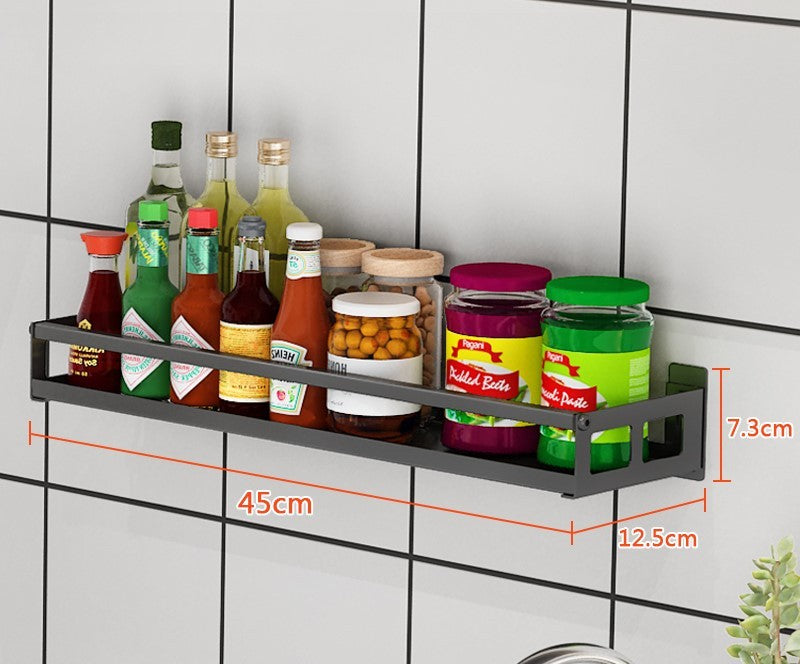 Wall-mounted non-perforated wall condiment storage shelf