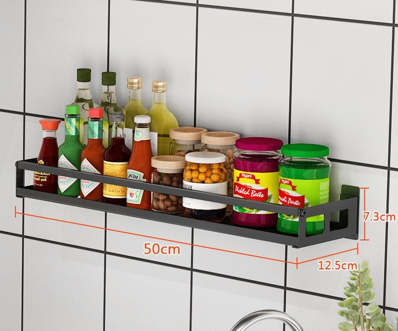 Wall-mounted non-perforated wall condiment storage shelf