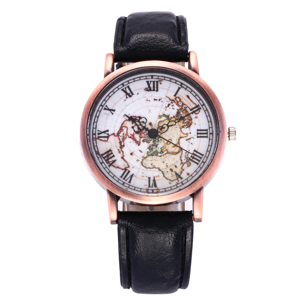 Ancient style world map Rome digital personality quartz watch creative note pointers leisure Watch