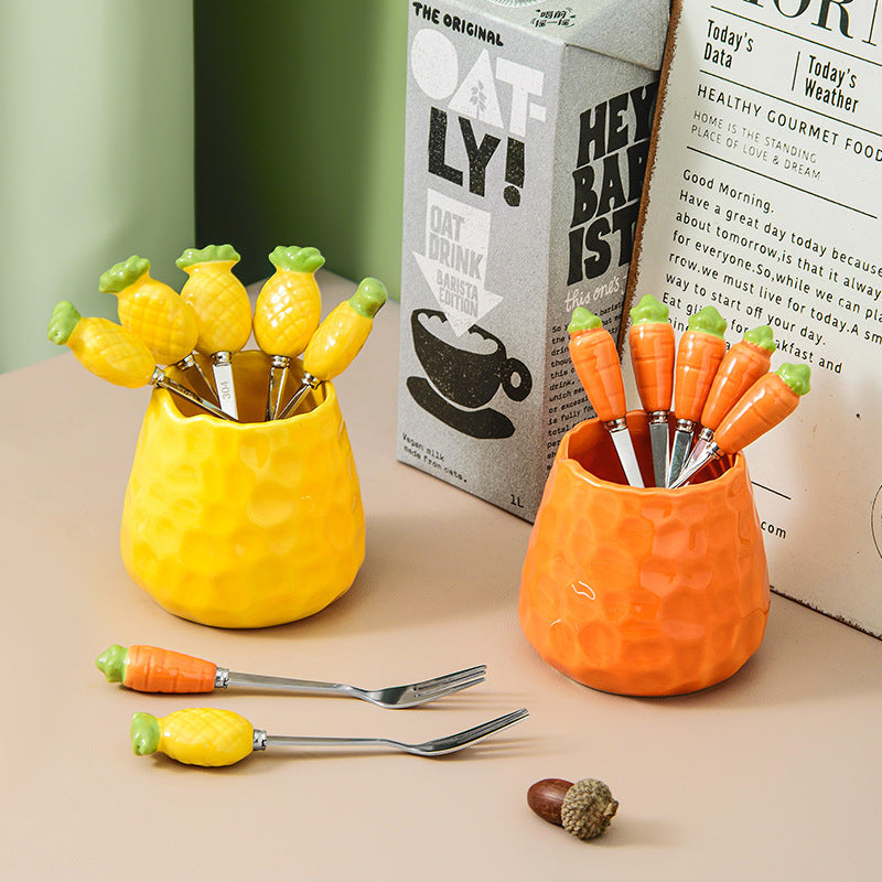 Household Stainless Steel Fruit Fork Storage Jar Set