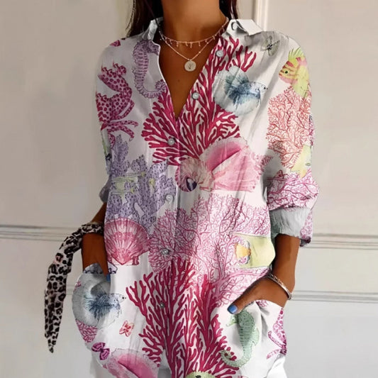 Floral Print Long-sleeved Shirt Women's Casual Button Tops Clothing