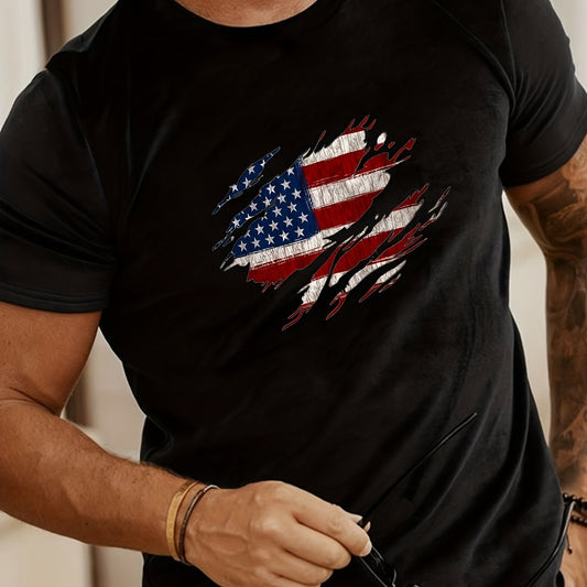 Fashionable American Flag Print Men's Comfortable And Chic T-shirt, Patterned T-shirt Men's Summer Outdoor Clothing, Men's Clothing, Men's Tops, Men's Gifts