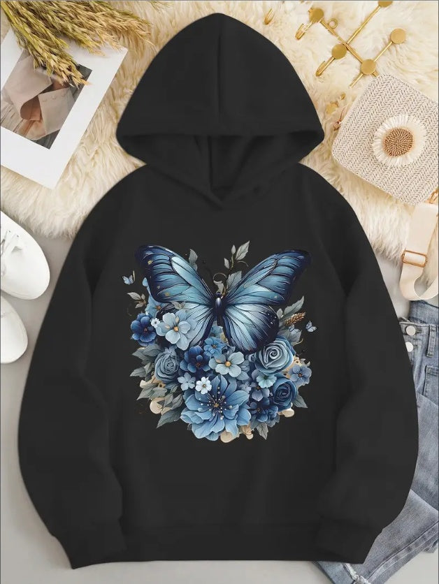 Butterfly Print Hoodie, Casual Long Sleeve Hooded Sweatshirt Women's Clothing