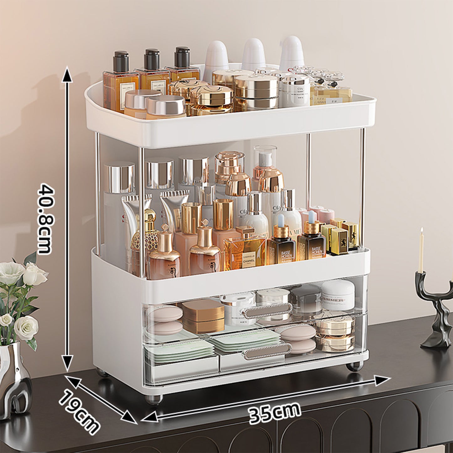 2 Drawers Makeup Organizer - 4 Tier Bathroom Organizers And Storage, Versatile Perfume Vanity Organizer, Ideal For Cosmetic, Large Skincare, Face Mask, Office Supplies