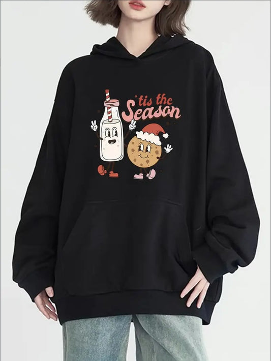 Women's Fashion Christmas Cartoon Print Hoodie, Long Sleeve, Crew Neck, With Pockets, Casual Pullover Sweatshirt, All-Season Versatile Style, Solid Color, Holiday Apparel