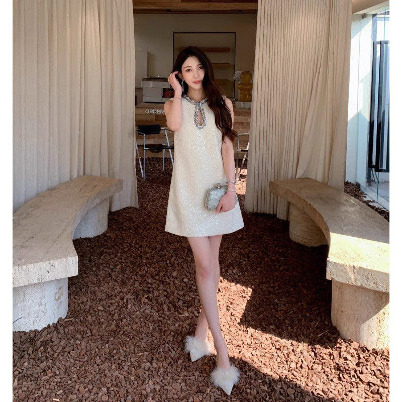 Spring New Women's Clothing Round Neck Sequins Sleeveless Dress