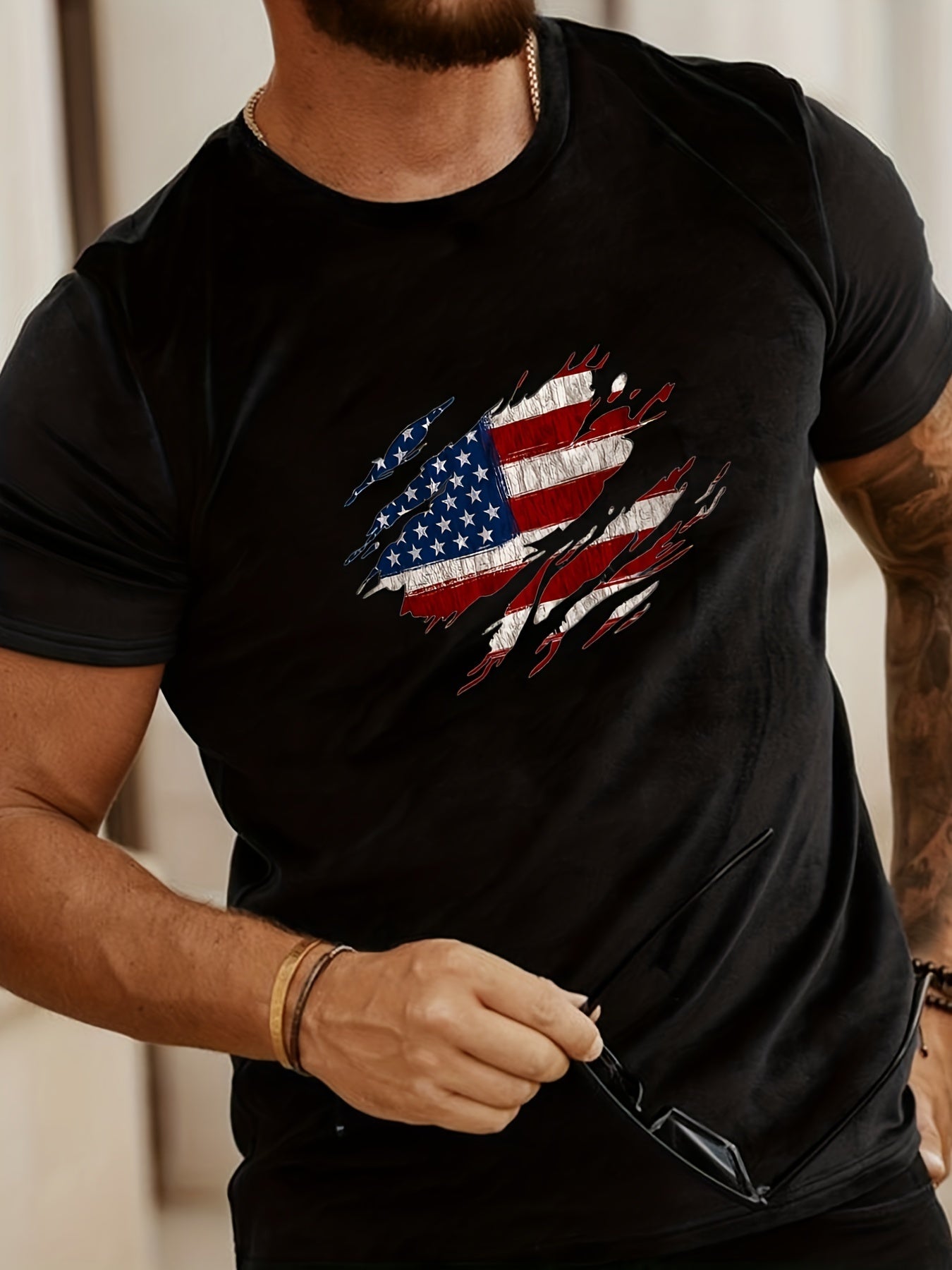 Fashionable American Flag Print Men's Comfortable And Chic T-shirt, Patterned T-shirt Men's Summer Outdoor Clothing, Men's Clothing, Men's Tops, Men's Gifts