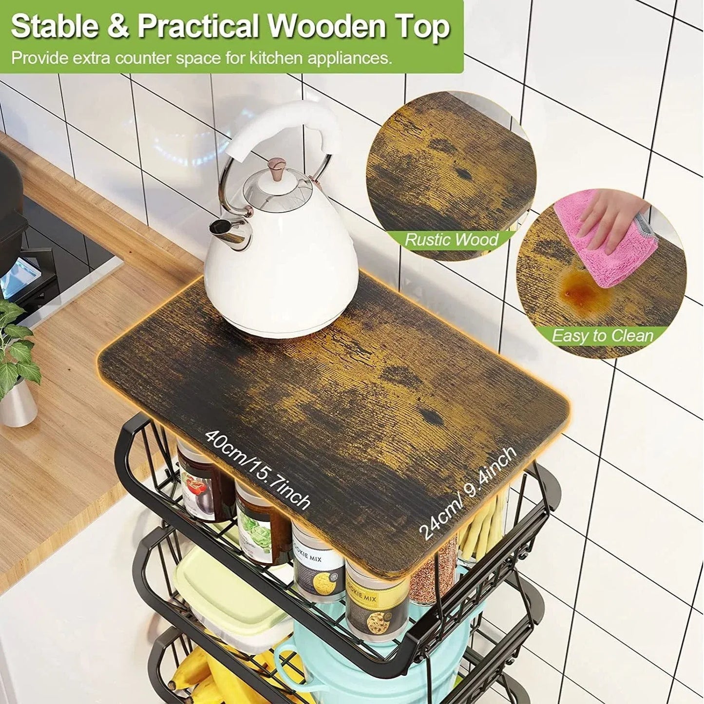 Tier Fruit Basket For Kitchen Organizers And Storage,with Solid Wood Top,Stackable Metal Wire Basket Stand Cart With Wheels For Fruit Vegetable