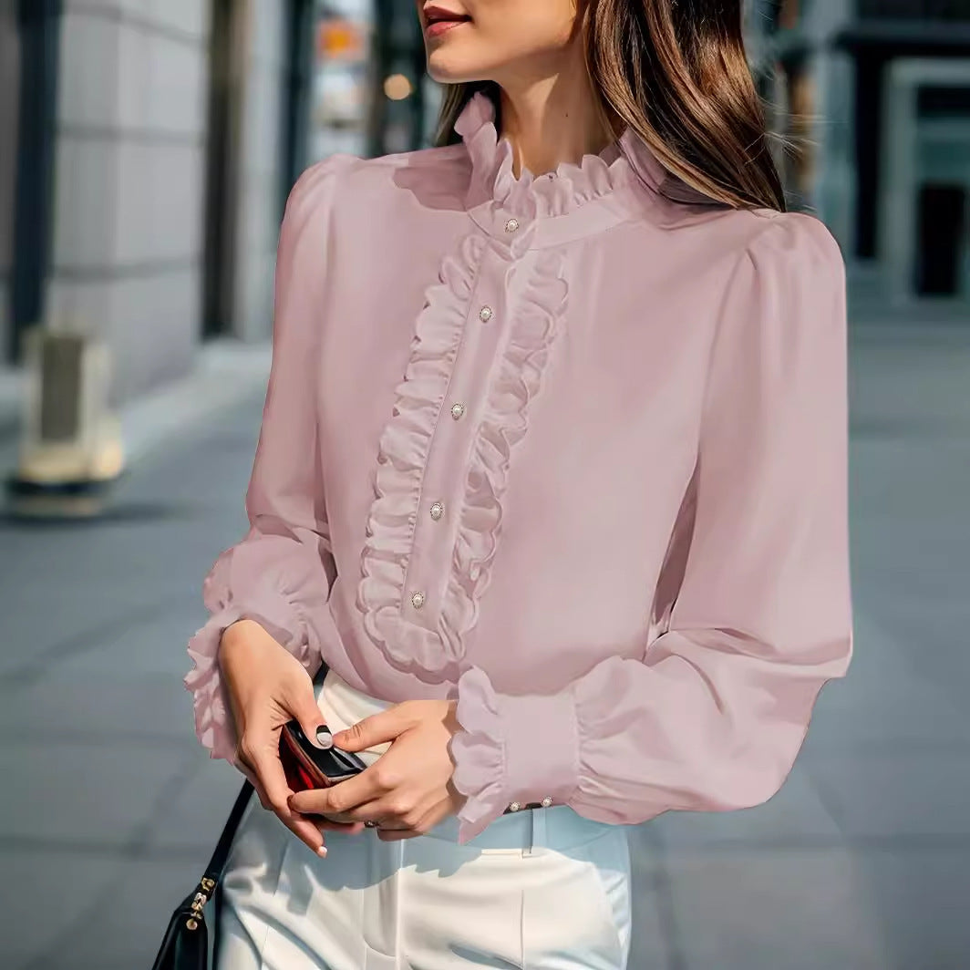 European And American Women's Clothing Shirt Ruffled All-match