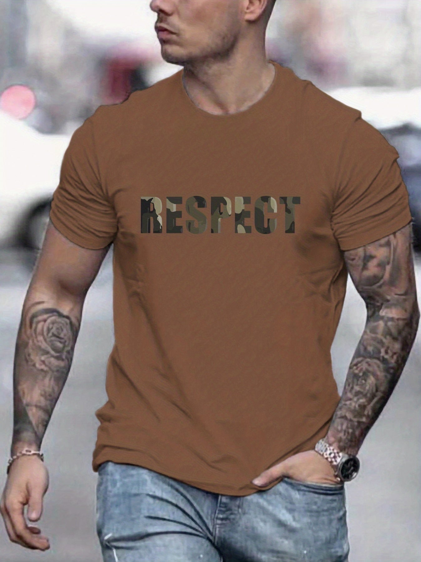Letter RESPECT Pattern Printed Men's T-shirt, Patterned T-shirt Men's Summer Clothing, Men's Clothing