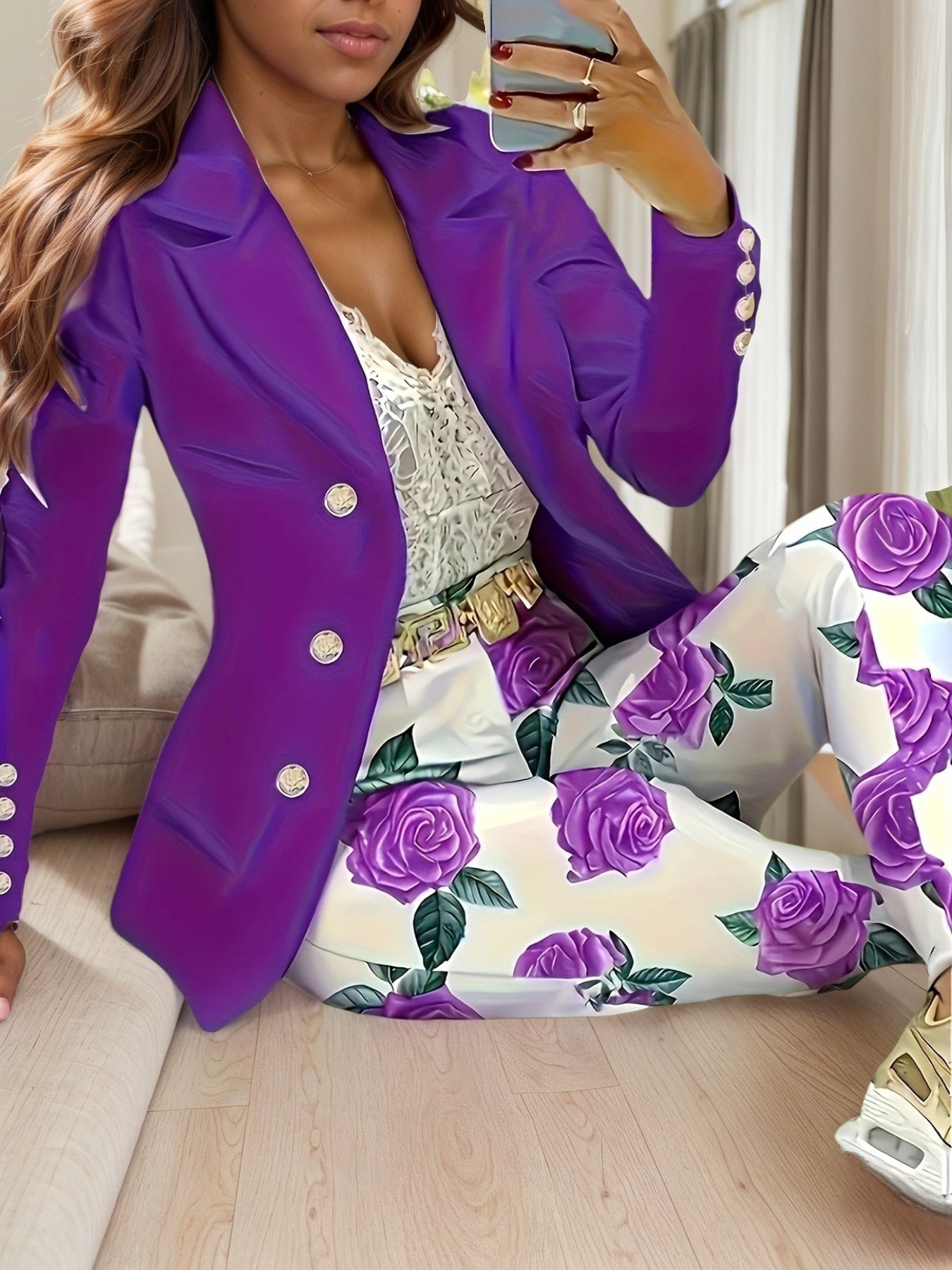 2025 New Elegant And Fashionable Casual Floral Print Set, Double Breasted Purple Suit Jacket And Floral Print High Waisted Slim Pants, Spring And Autumn Women's Clothing