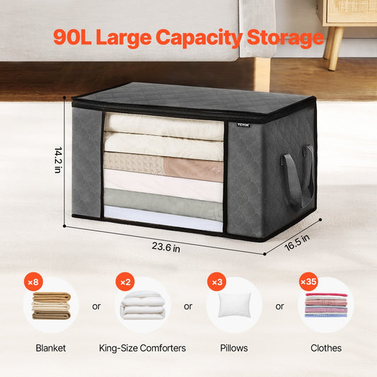 90L Large Storage Bags, 6 Pack Clothes Storage Bin, Foldable Closet Organizers Containers With Handle, Nov-woven Fabric Storage Bag For Clothing, Blanket, Comforter, Bed Sheet, Pillow Grey