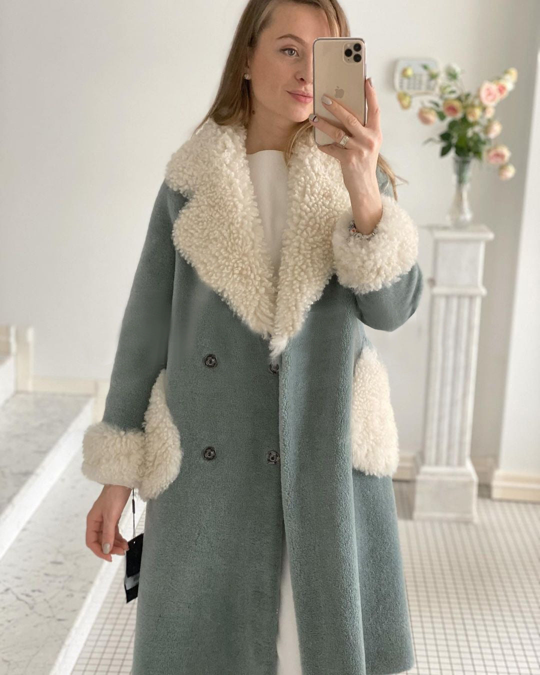 Lamb Wool Long Lapel Pocket Jacket Simple Women's Clothing