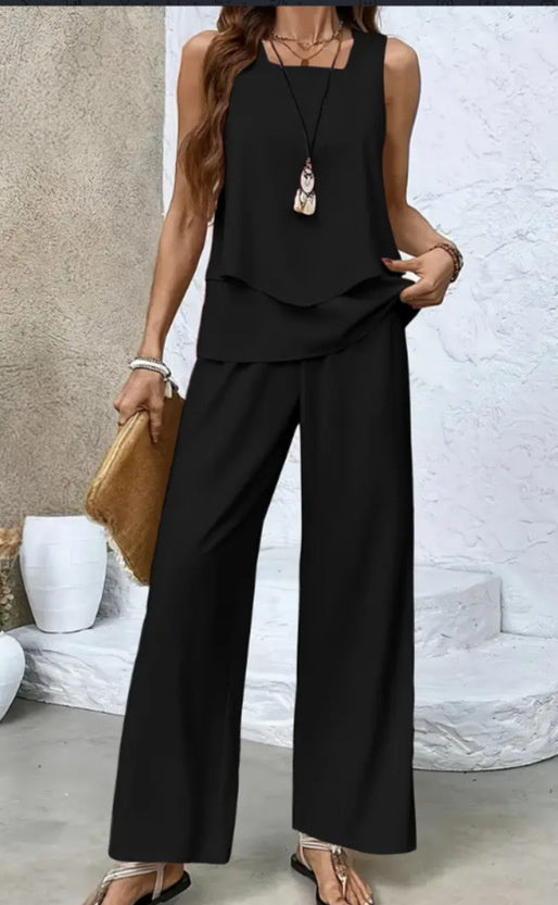 Print Suits Sleeveless Double-layer Vest And Loose Straight Pants Womens Clothing